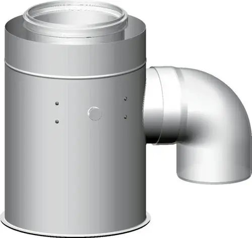 Adapter im silbernen Metallfinish mit zylindrischer Form und seitlichem Anschluss, geeignet für raumluftunabhängigen Betrieb von Wolf-Systemen.